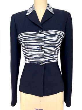 Vintage Y2K Alberto Makali Sz 6 S M Button Front Navy Blazer Zebra Print Block